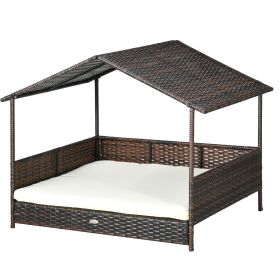 Rattan Outdoor Dog Bed with Canopy Soft Cushion Removable Cover Medium Large Dogs Cream White