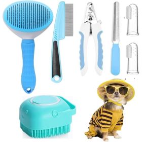 7pcs Pet Grooming Kit, Self-Cleaning Brush Shedding Kit With Nail Clipper, Flea Comb, Shampoo Bath Brush, Finger Toothbrush (Option: Blue)